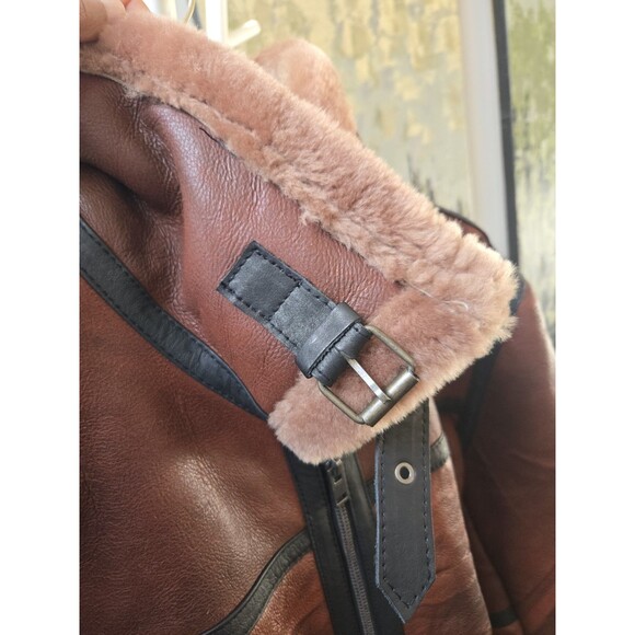 Women Sz XL Bomber Brown Aviator Flying Shearling Fur Real Leather Jacket Coat - Picture 6 of 16